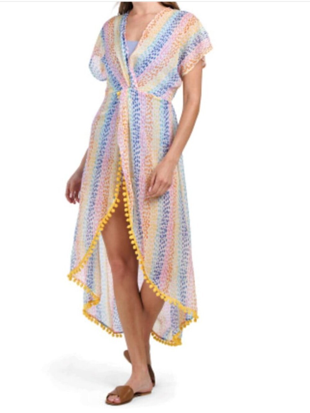 America & Beyond Pastel Multicolor Crochet Swim Coverup with Pom Trim, Large